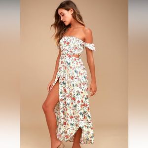 Easy on the Eyes Cream Floral Print Off-the-Shoulder Maxi Dress